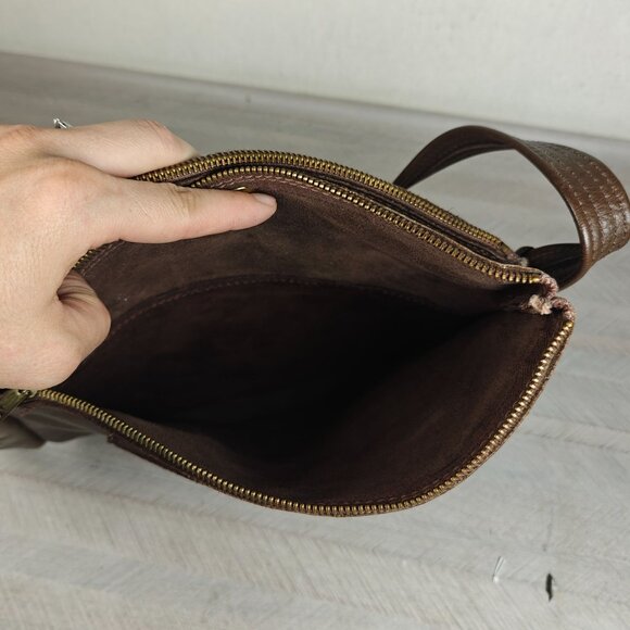 Vintage 60s Brown Genuine Leather Shoulder Bag Asymmetrical Boho Hippie - Picture 5 of 11